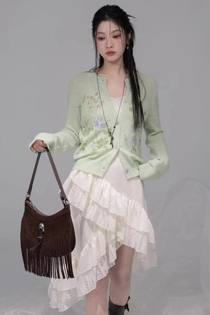 Spring Green Woolen Cardigan Set-Up