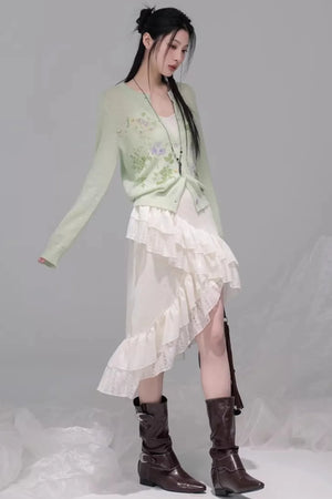 Spring Green Woolen Cardigan Set-Up