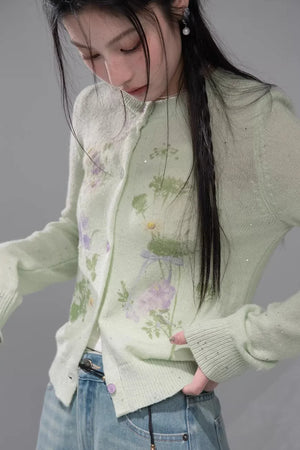 Spring Green Woolen Cardigan Set-Up