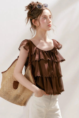 Square-Neck Chiffon Ruffle Blouse