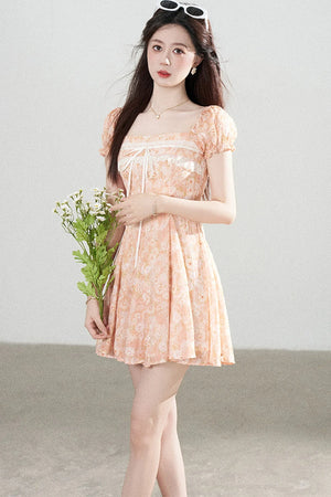 Square-Neck Floral Puff-Sleeve Chiffon Dress