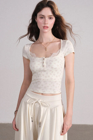 Square Neck Lace Ribbed Crop Top