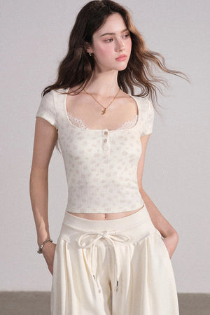 Square Neck Lace Ribbed Crop Top