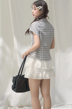 Square-Neck Plaid Blouse