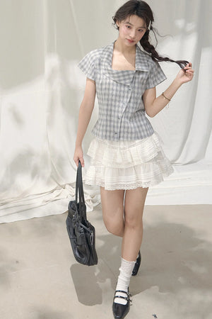 Square-Neck Plaid Blouse