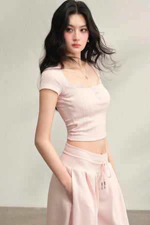 Square Neck Ribbed Lace Top