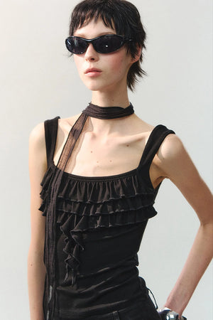 Square Neck Ruffle Trim Tank Top