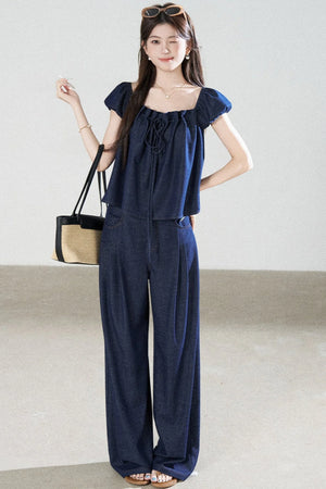 Square-Neck Short-Sleeve Denim Top and Wide-Leg Pants Set-Up