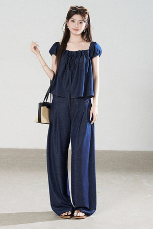 Square-Neck Short-Sleeve Denim Top and Wide-Leg Pants Set-Up