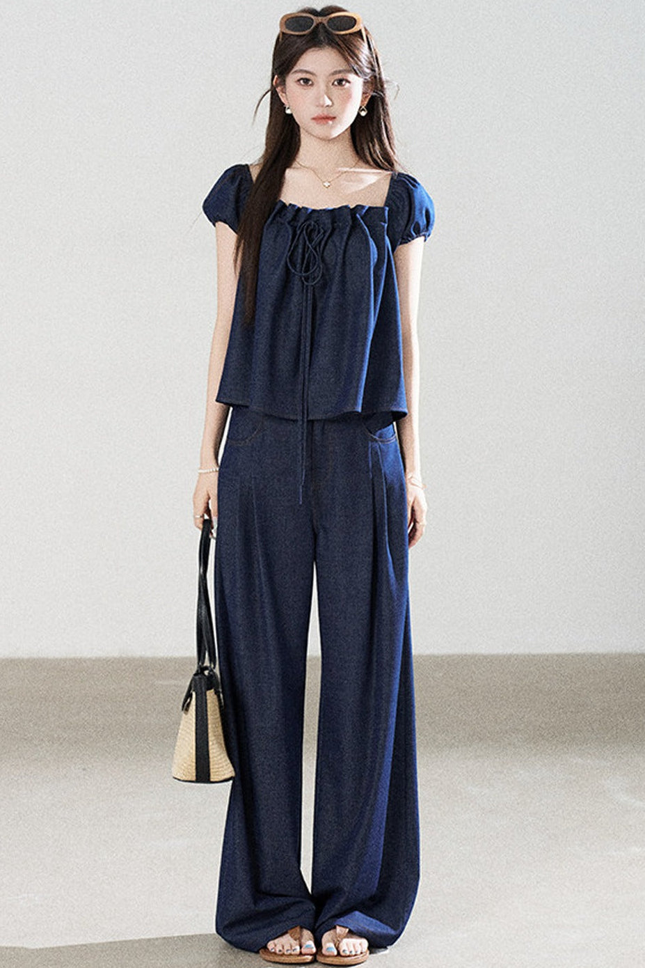 Square-Neck Short-Sleeve Denim Top and Wide-Leg Pants Set-Up