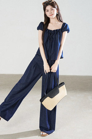 Square-Neck Short-Sleeve Denim Top and Wide-Leg Pants Set-Up
