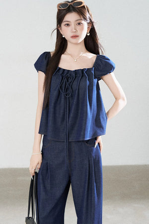 Square-Neck Short-Sleeve Denim Top and Wide-Leg Pants Set-Up