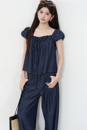 Square-Neck Short-Sleeve Denim Top and Wide-Leg Pants Set-Up