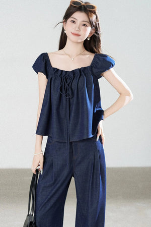Square-Neck Short-Sleeve Denim Top and Wide-Leg Pants Set-Up