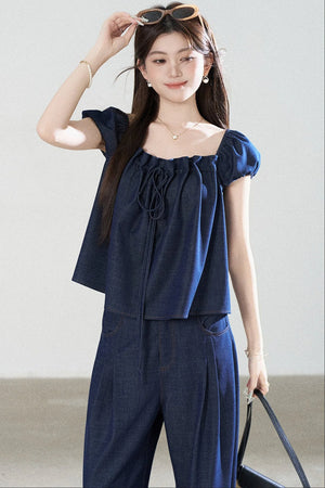 Square-Neck Short-Sleeve Denim Top and Wide-Leg Pants Set-Up