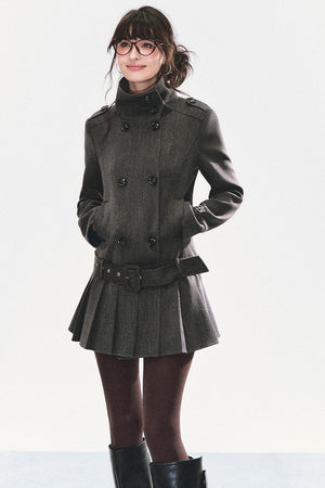 Stand Collar Pleated Coat Dress