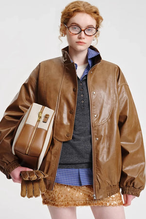 Stand Collar Wide Leather Jacket