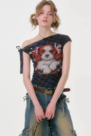 Star Dream Off-Shoulder Plaid T-Shirt