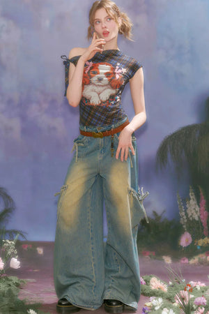 Star Dream Off-Shoulder Plaid T-Shirt