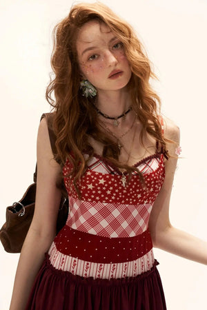 Star Plaid Patchwork Slip Dress