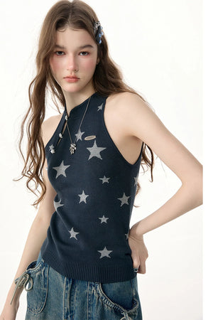 Star Print Knit Halter Top