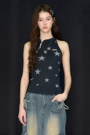 Star Print Knit Halter Top