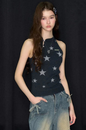 Star Print Knit Halter Top