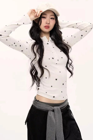 Star Print Knitted Henley Top