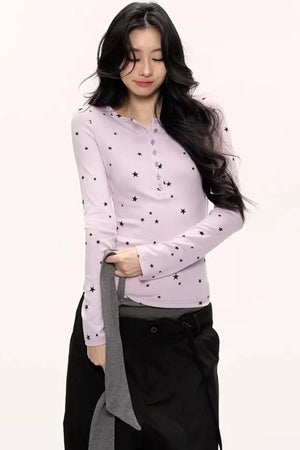 Star Print Knitted Henley Top