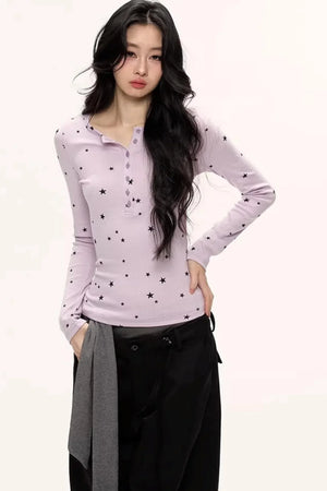 Star Print Knitted Henley Top
