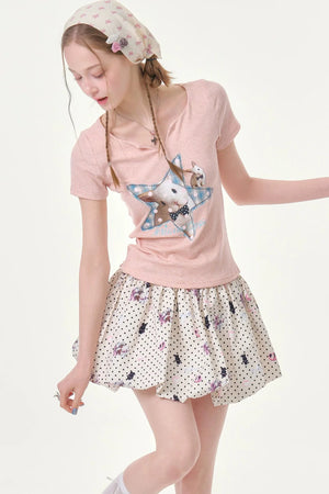 Star Rabbit Pink V-Neck T-Shirt