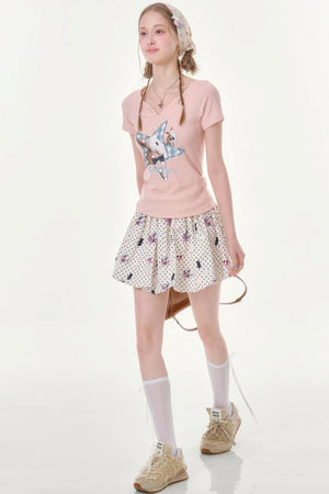 Star Rabbit Pink V-Neck T-Shirt