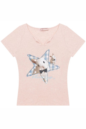 Star Rabbit Pink V-Neck T-Shirt
