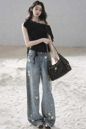 Starry Appliqué Denim Pants