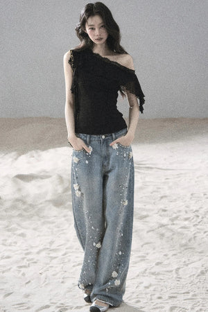 Starry Appliqué Denim Pants