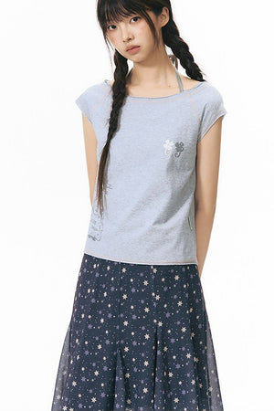 Starwii Printed Asymmetrical Shoulder Frayed Neckline T-Shirt