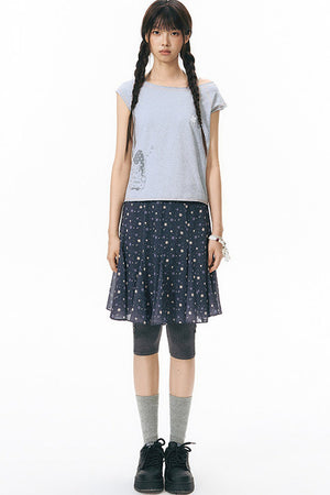 Starwii Printed Asymmetrical Shoulder Frayed Neckline T-Shirt