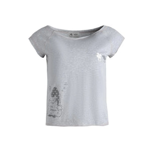 Starwii Printed Asymmetrical Shoulder Frayed Neckline T-Shirt