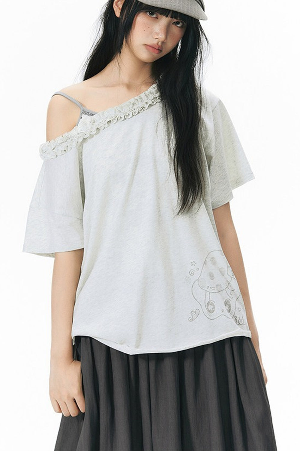 Starwii Printed Ruffled Asymmetrical Shoulder T-Shirt