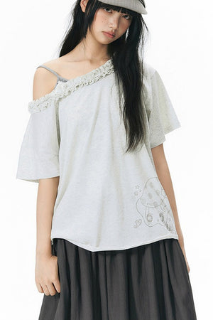 Starwii Printed Ruffled Asymmetrical Shoulder T-Shirt