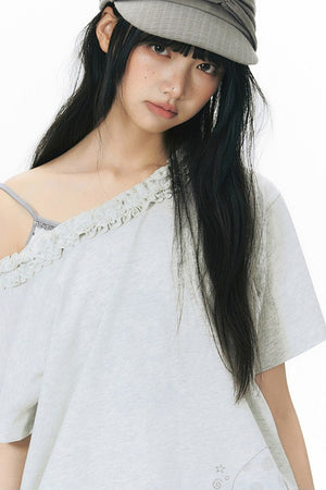 Starwii Printed Ruffled Asymmetrical Shoulder T-Shirt