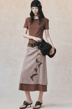 Straight Color-Block Bird Line Print Skirt