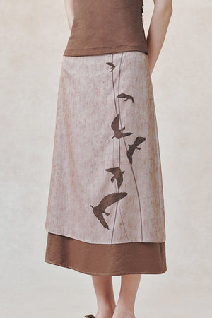 Straight Color-Block Bird Line Print Skirt