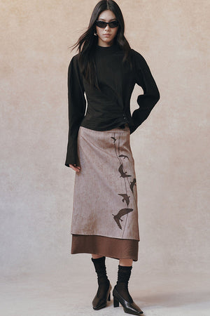 Straight Color-Block Bird Line Print Skirt