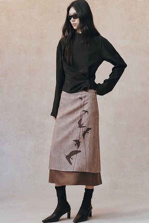 Straight Color-Block Bird Line Print Skirt