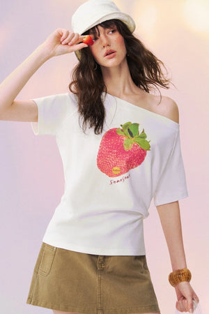 Strawberry Print One-Shoulder Blouse