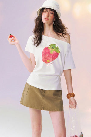 Strawberry Print One-Shoulder Blouse