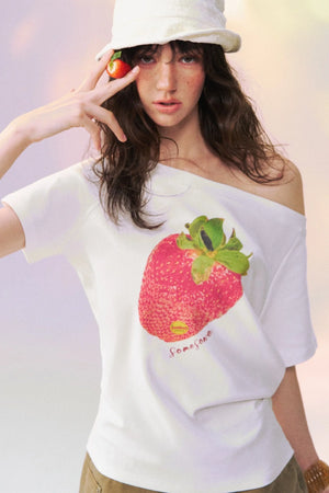 Strawberry Print One-Shoulder Blouse