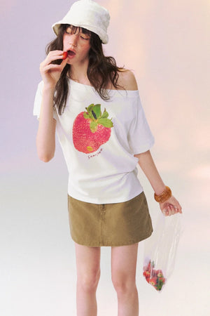 Strawberry Print One-Shoulder Blouse
