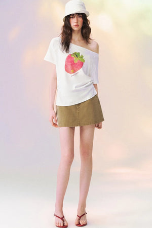 Strawberry Print One-Shoulder Blouse